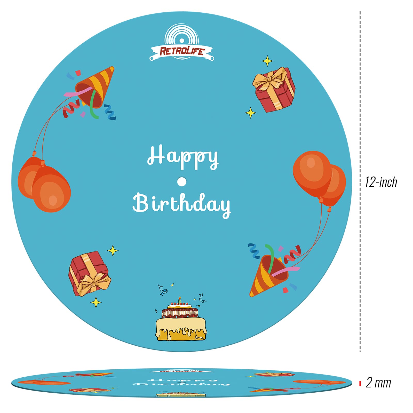 Birthday Theme Felt Turntable Platter Mat, 2mm Anti-Static Slipmat for LP Record Players