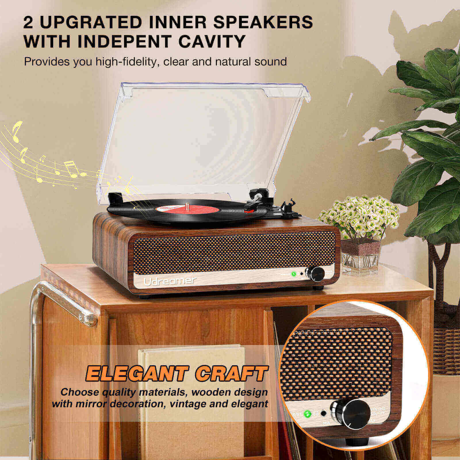 Vinyl Record Player, Light Brown with Upgraded Speakers UD002