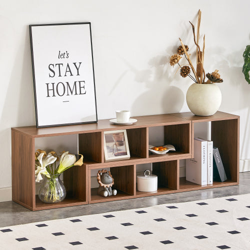 2-Piece Cube TV Stand with Adjustable Open Storage, Modern L-Shaped Media Console, Walnut MDF, 55.1 x 11.8 x 17.1 in