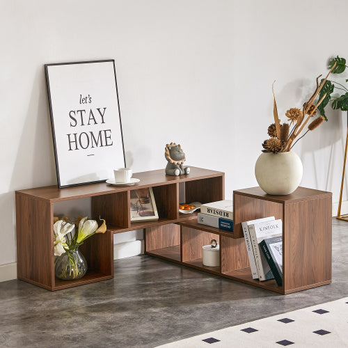 2-Piece Cube TV Stand with Adjustable Open Storage, Modern L-Shaped Media Console, Walnut MDF, 55.1 x 11.8 x 17.1 in