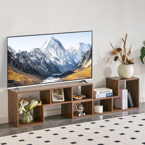 2-Piece Cube TV Stand with Adjustable Open Storage, Modern L-Shaped Media Console, Walnut MDF, 55.1 x 11.8 x 17.1 in