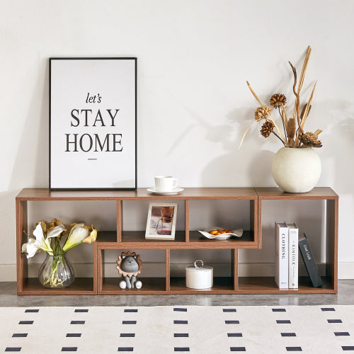 2-Piece Cube TV Stand with Adjustable Open Storage, Modern L-Shaped Media Console, Walnut MDF, 55.1 x 11.8 x 17.1 in