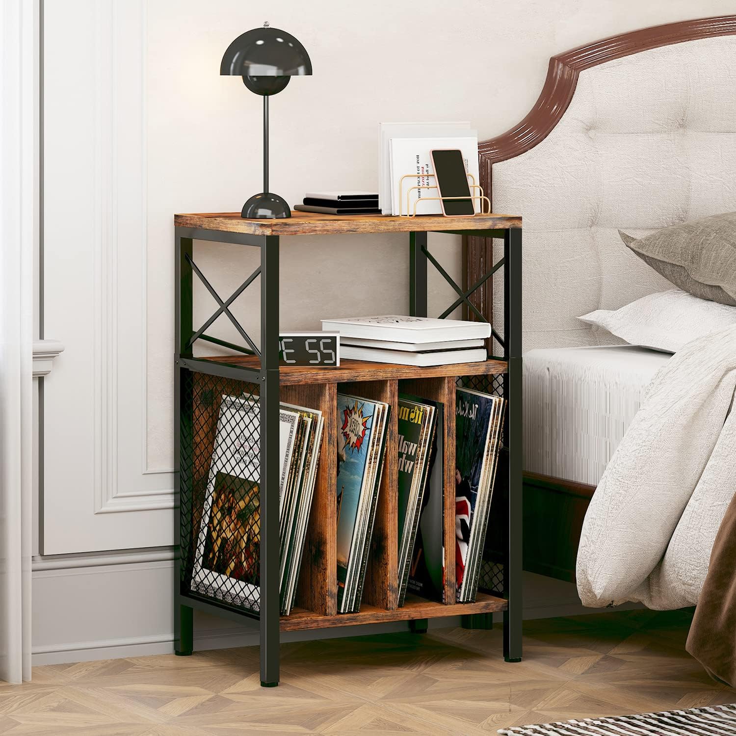 3-Tier Vinyl Record Player Stand with Storage, Holds Up to 200 Albums, Adjustable Foot, Mid-Century Modern Design for Living Room, Bedroom, Office