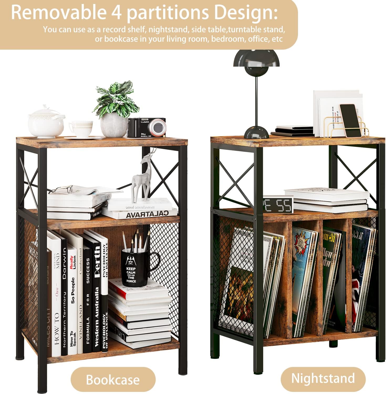 3-Tier Vinyl Record Player Stand with Storage, Holds Up to 200 Albums, Adjustable Foot, Mid-Century Modern Design for Living Room, Bedroom, Office