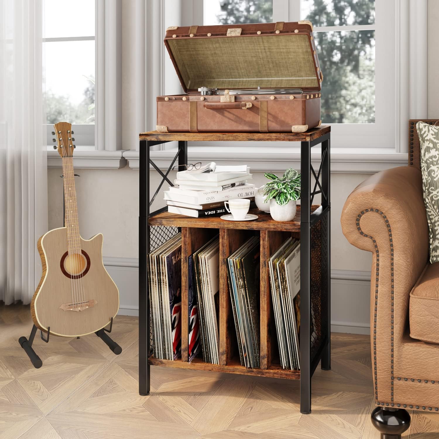 3-Tier Vinyl Record Player Stand with Storage, Holds Up to 200 Albums, Adjustable Foot, Mid-Century Modern Design for Living Room, Bedroom, Office