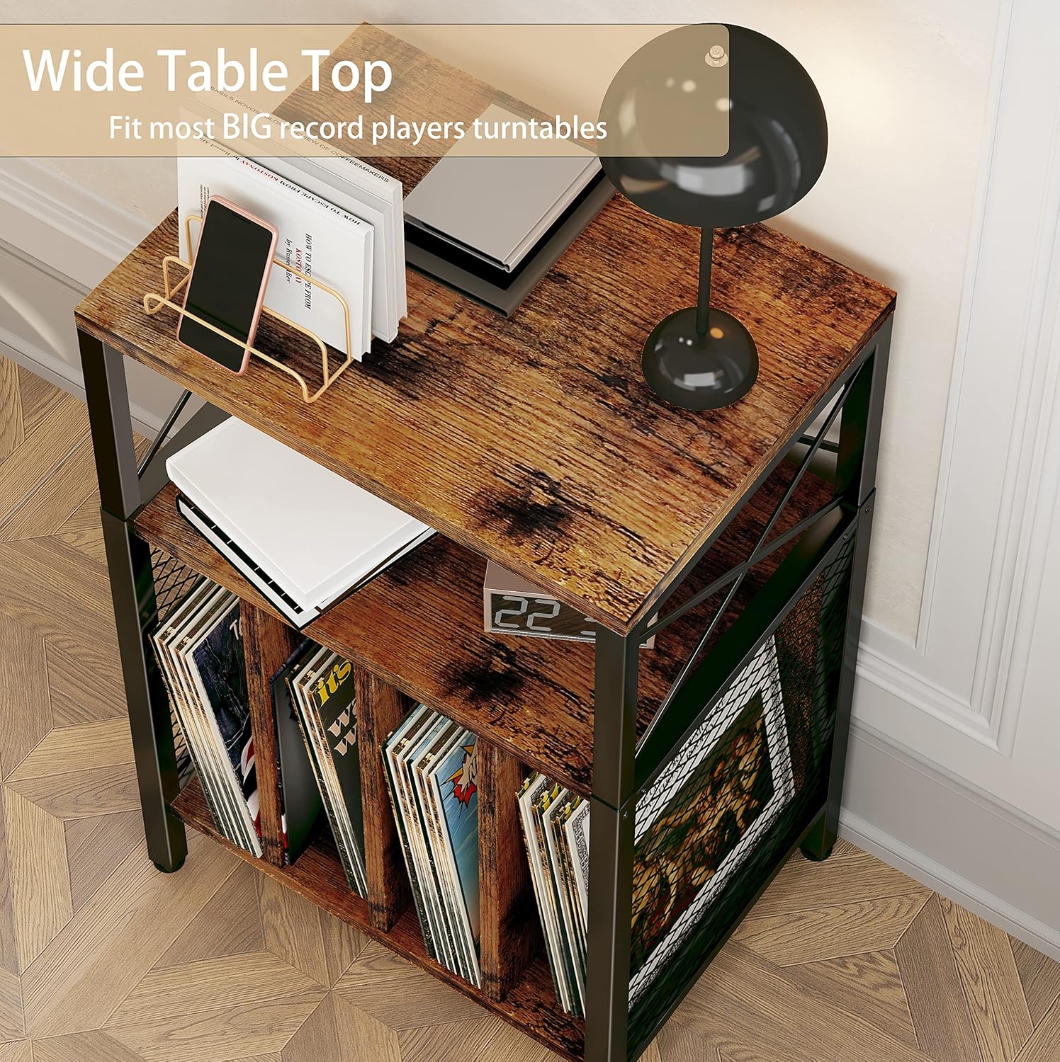 3-Tier Vinyl Record Player Stand with Storage, Holds Up to 200 Albums, Adjustable Foot, Mid-Century Modern Design for Living Room, Bedroom, Office