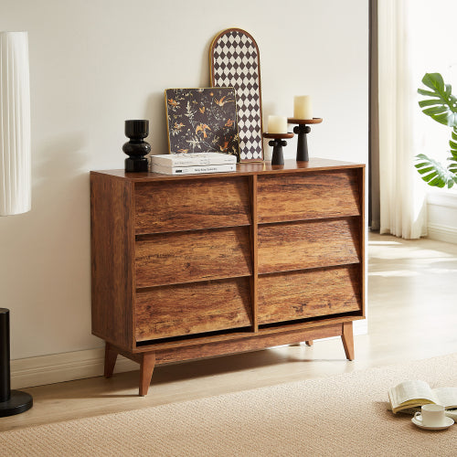 6 Drawer Double Dresser with Vintage Bevel Design – Bedroom & Living Room Storage Organizer, Brown