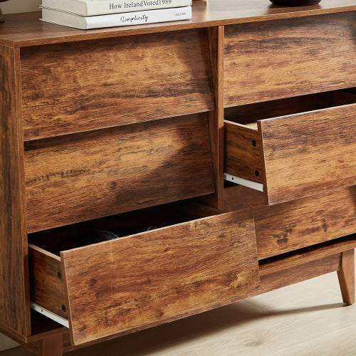 6 Drawer Double Dresser with Vintage Bevel Design – Bedroom & Living Room Storage Organizer, Brown