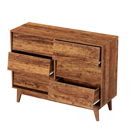 6 Drawer Double Dresser with Vintage Bevel Design – Bedroom & Living Room Storage Organizer, Brown