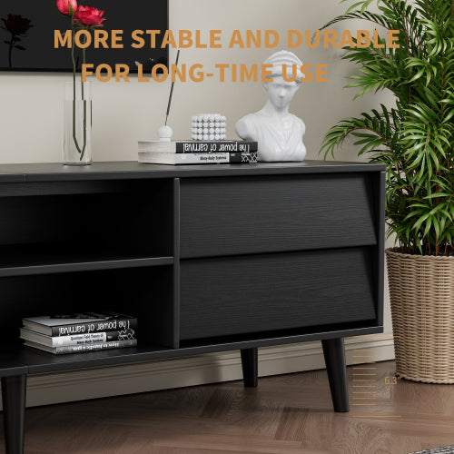 63-Inch Vintage-Style TV Stand with Drawers & Bevel Design, Black MDF Media Console