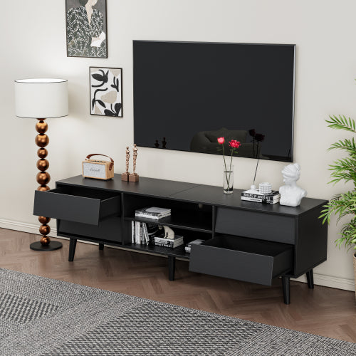 63-Inch Vintage-Style TV Stand with Drawers & Bevel Design, Black MDF Media Console
