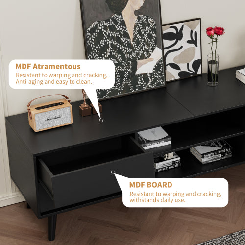63-Inch Vintage-Style TV Stand with Drawers & Bevel Design, Black MDF Media Console