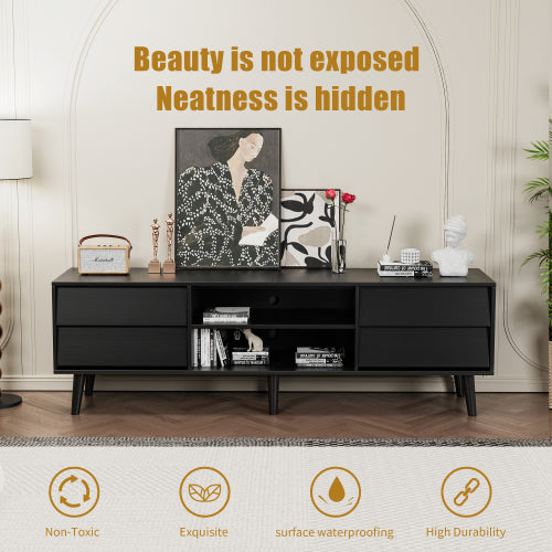 63-Inch Vintage-Style TV Stand with Drawers & Bevel Design, Black MDF Media Console
