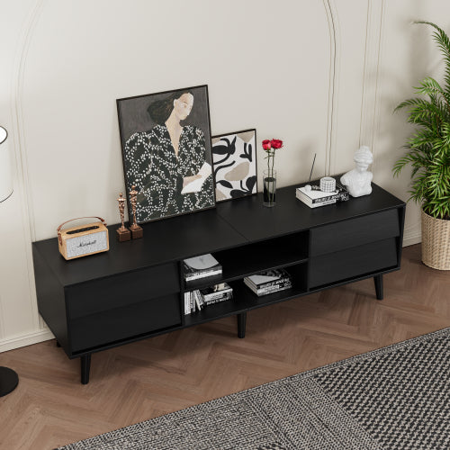 63-Inch Vintage-Style TV Stand with Drawers & Bevel Design, Black MDF Media Console