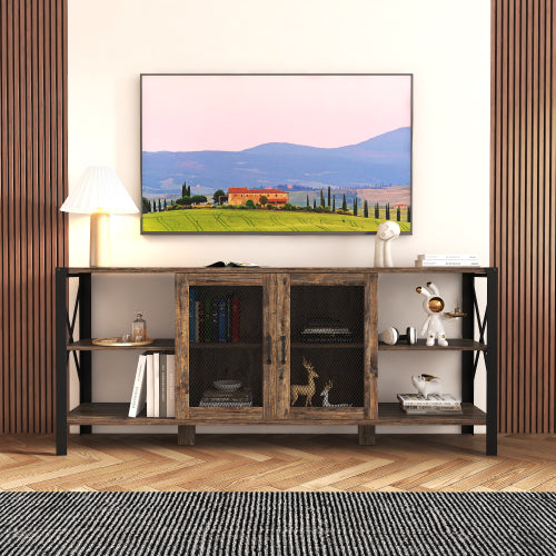 80 Inch Industrial Farmhouse TV Stand – Modern Wood & Metal Entertainment Center with Open Storage for Living Room or Bedroom