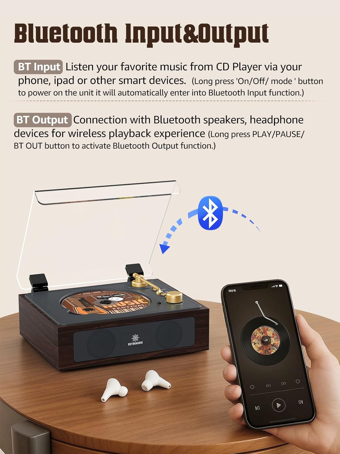 Bluetooth CD Player with Built-in Speakers – Portable Retro CD Music Player with Remote & Headphone Jack