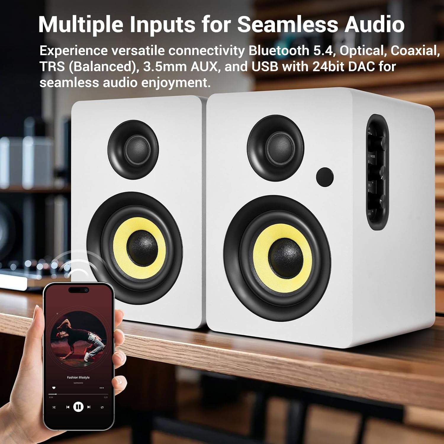 4” HiFi Bookshelf Speakers | 80W Active Studio Monitors with Bluetooth 5.4, Optical, Coaxial, TRS, AUX, USB DAC, MDF Cabinet, Remote – White