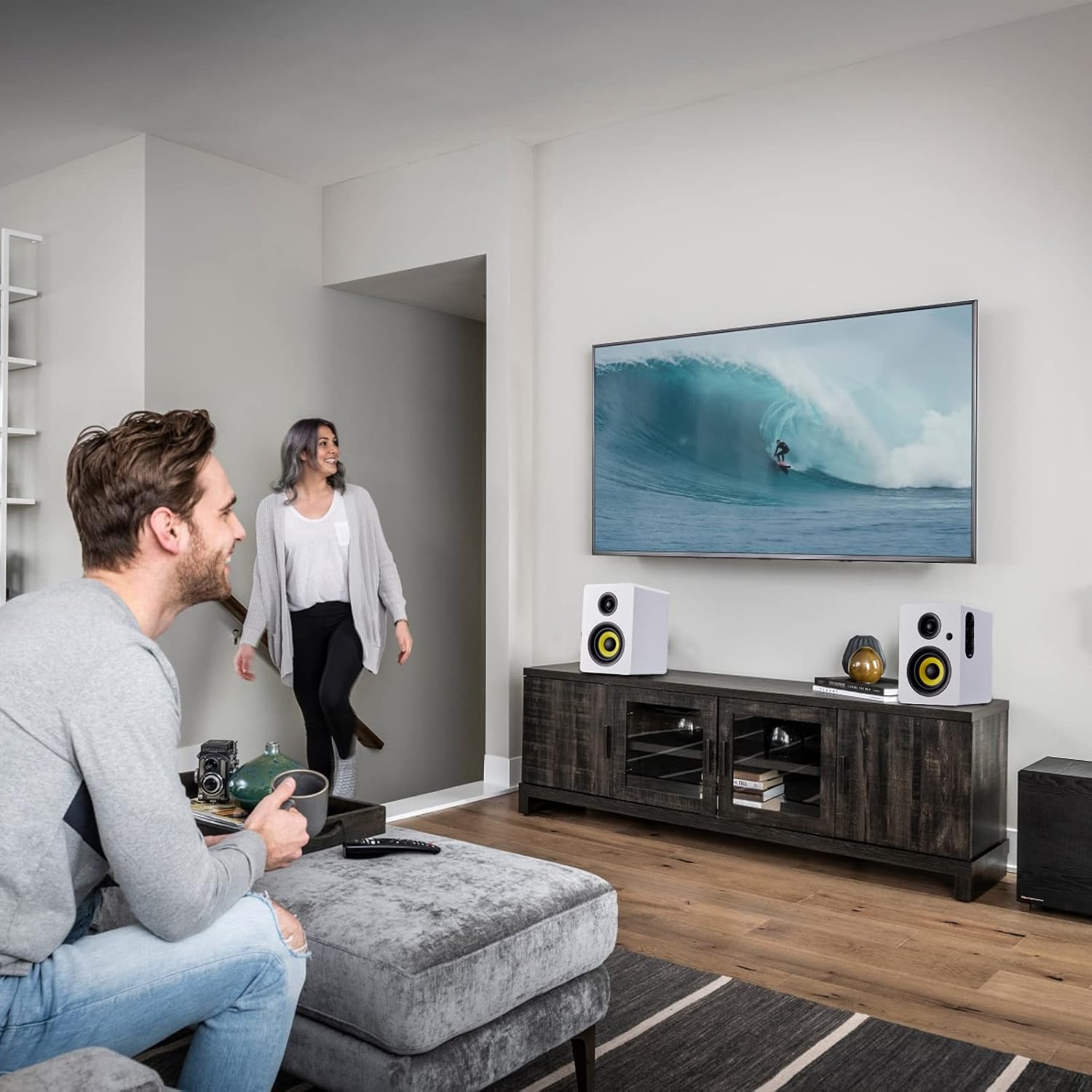 4” HiFi Bookshelf Speakers | 80W Active Studio Monitors with Bluetooth 5.4, Optical, Coaxial, TRS, AUX, USB DAC, MDF Cabinet, Remote – White