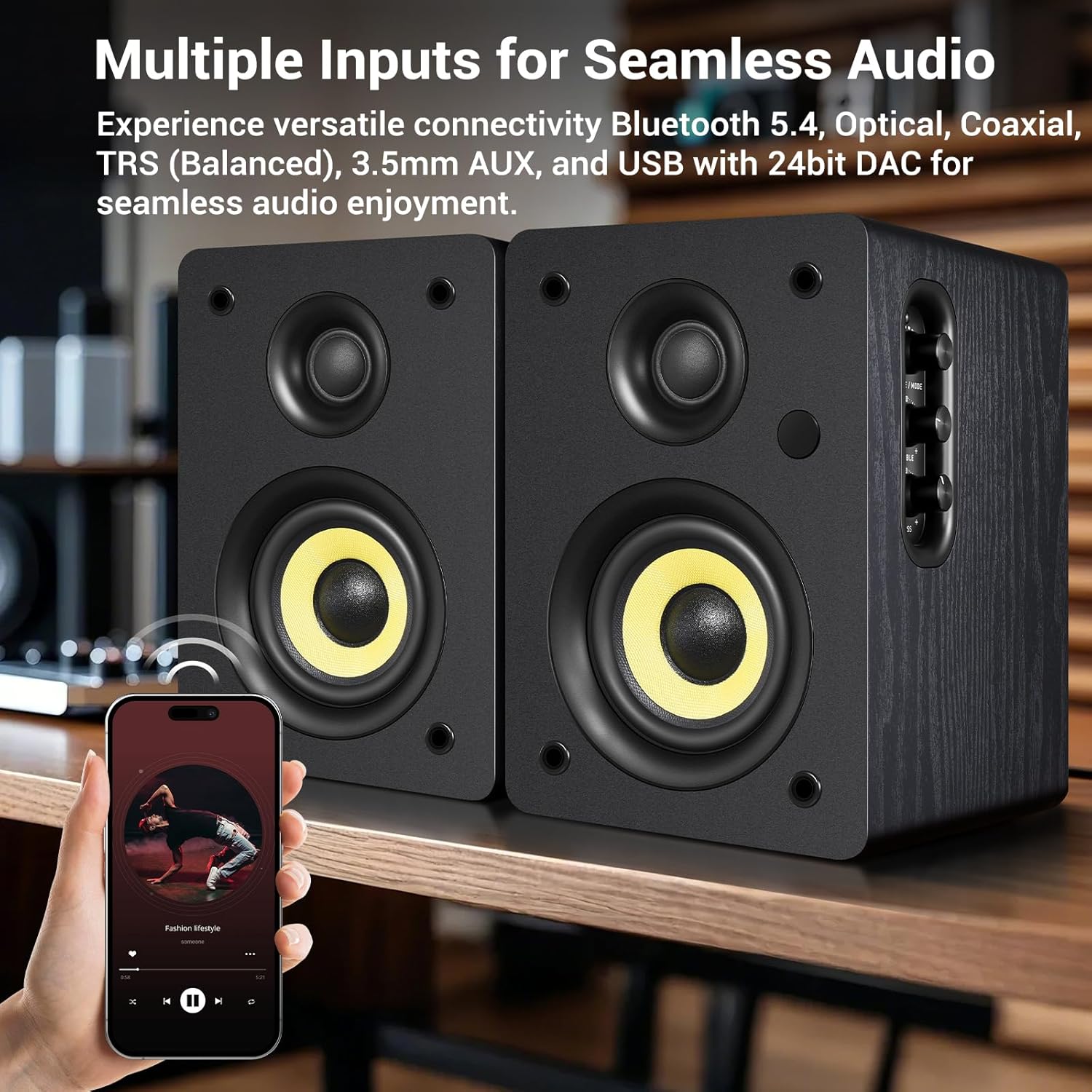 80W HiFi Bookshelf Speakers with Studio Monitor Mode, Bluetooth 5.4, Optical, Coaxial, TRS, AUX & USB DAC – Black MDF Cabinet with Remote Control