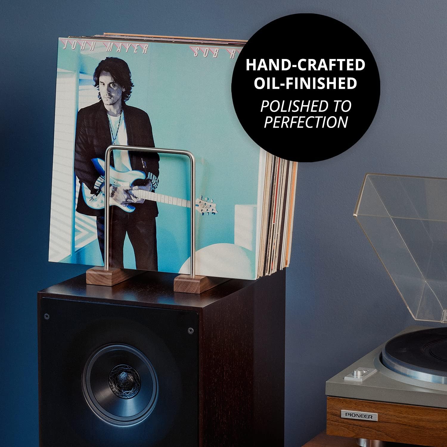 LP Vinyl Record Holder – Solid Walnut Wood & Stainless Steel LP Storage Stand with Now-Playing Display