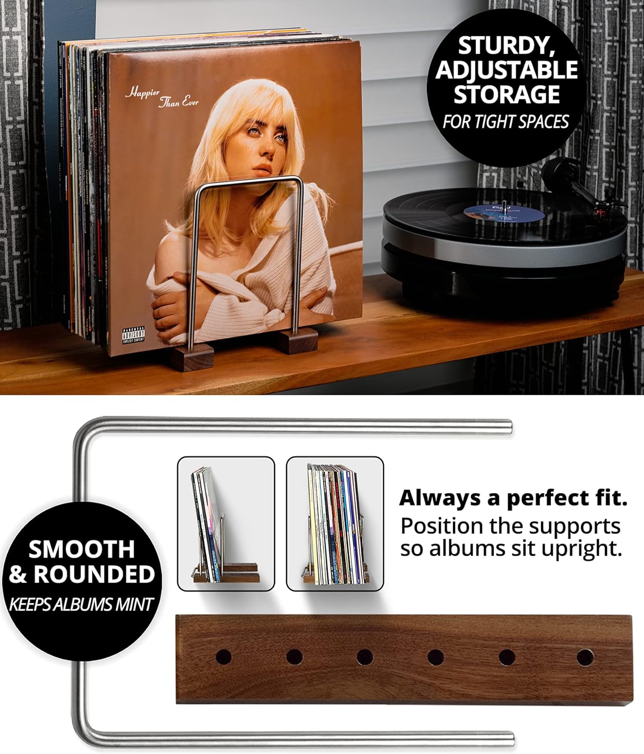 LP Vinyl Record Holder – Solid Walnut Wood & Stainless Steel LP Storage Stand with Now-Playing Display