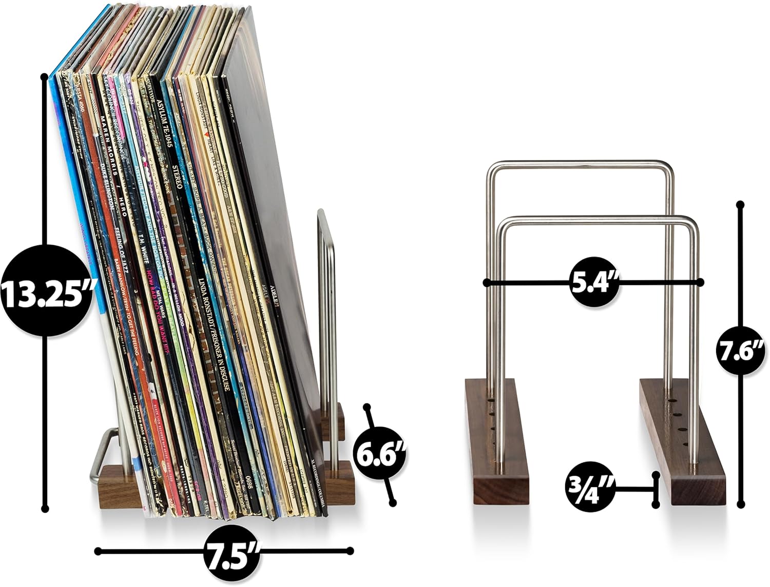 LP Vinyl Record Holder – Solid Walnut Wood & Stainless Steel LP Storage Stand with Now-Playing Display