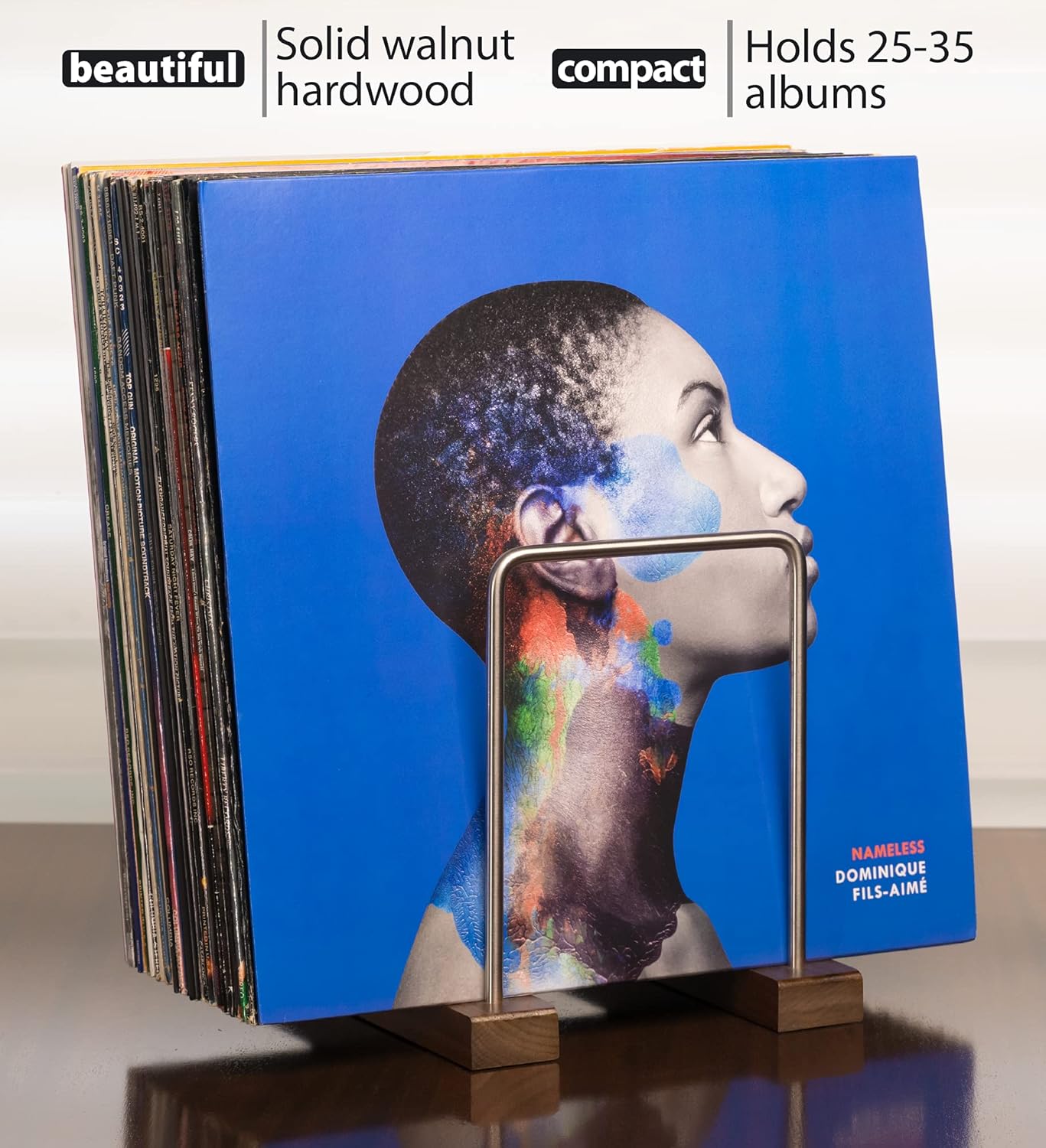 LP Vinyl Record Holder – Solid Walnut Wood & Stainless Steel LP Storage Stand with Now-Playing Display