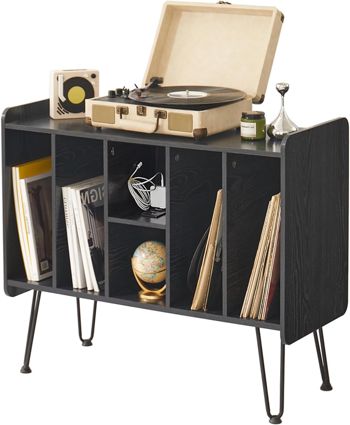 Large Record Player Stand with Vinyl Storage, USB & Power Ports, Holds Up to 200 Albums