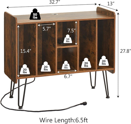 Large Record Player Stand with Vinyl Storage, USB & Power Ports, Holds Up to 200 Albums