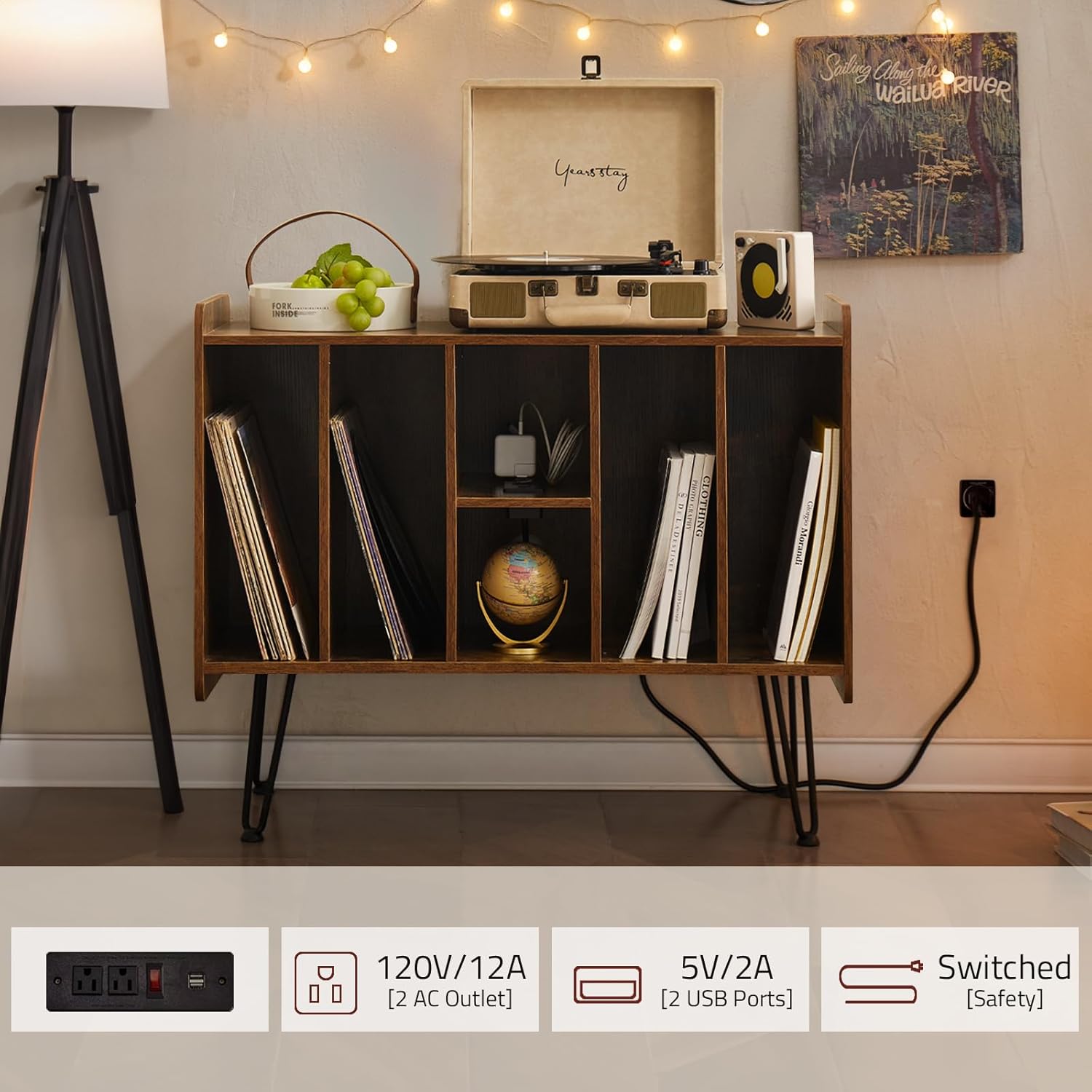 Large Record Player Stand with Vinyl Storage, USB & Power Ports, Holds Up to 200 Albums