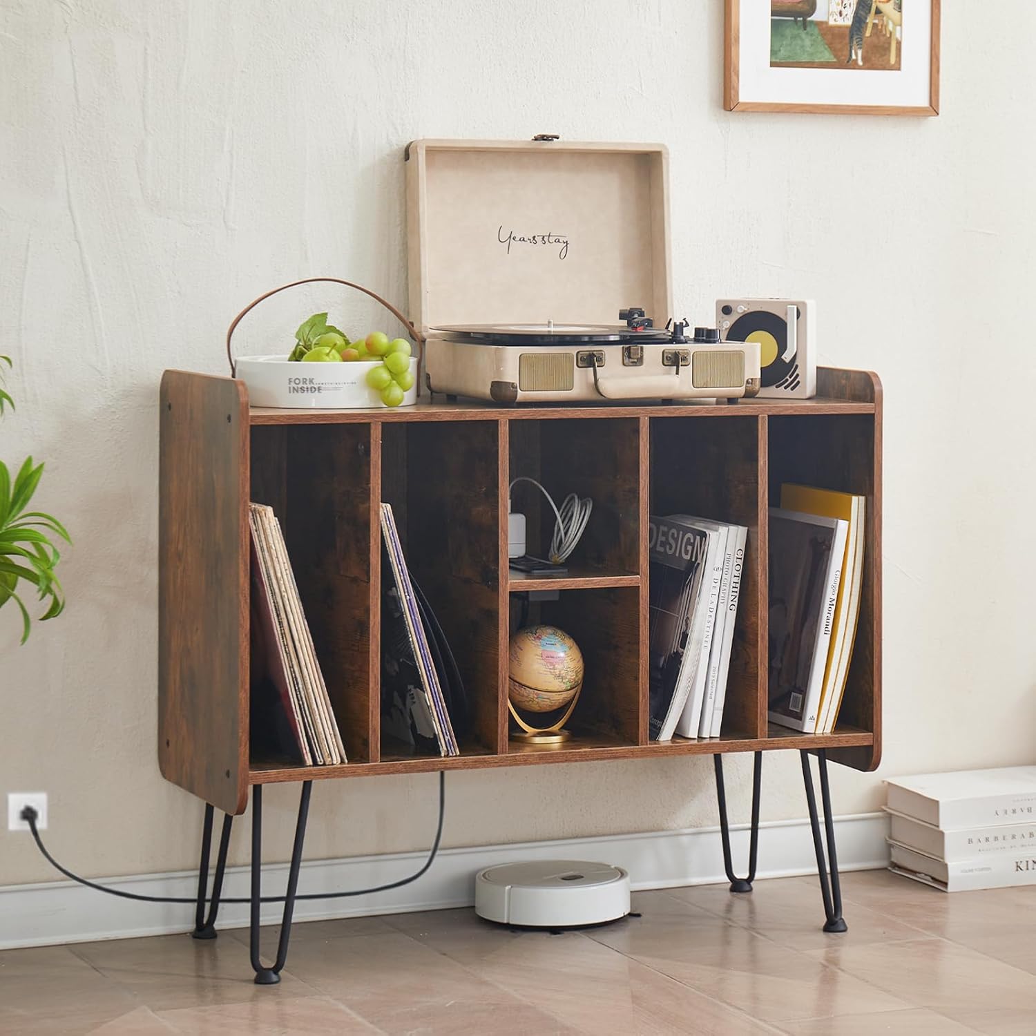 Large Record Player Stand with Vinyl Storage, USB & Power Ports, Holds Up to 200 Albums