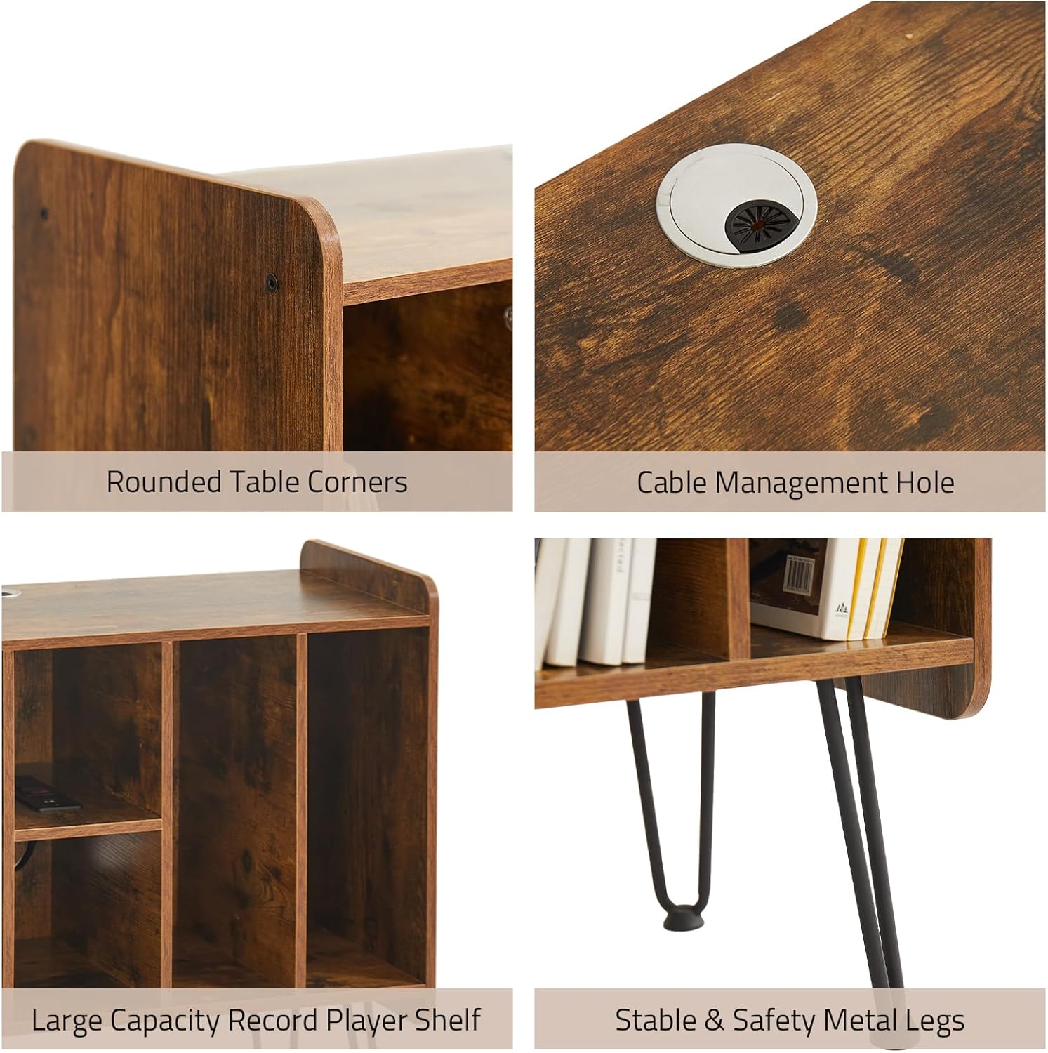 Large Record Player Stand with Vinyl Storage, USB & Power Ports, Holds Up to 200 Albums