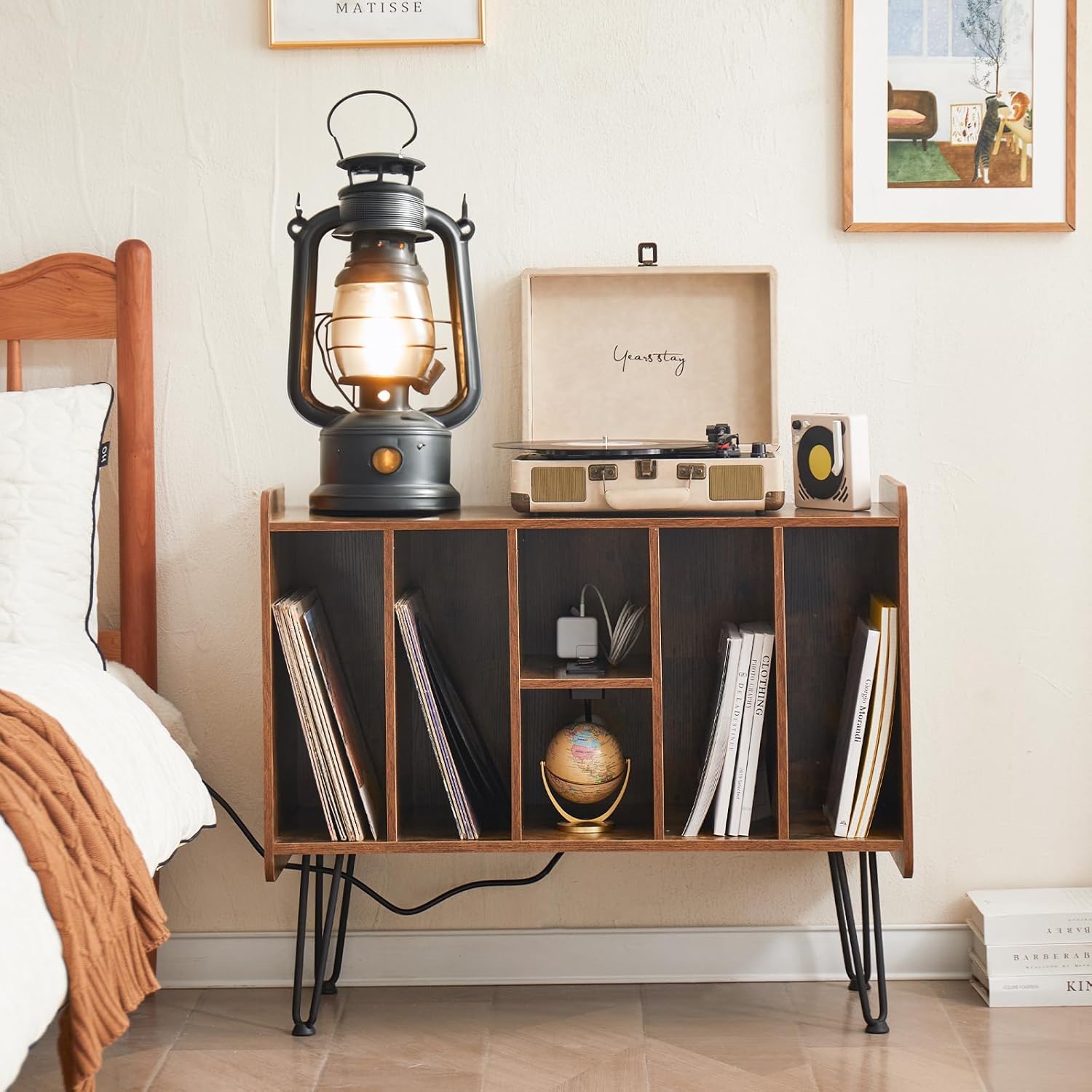 Large Record Player Stand with Vinyl Storage, USB & Power Ports, Holds Up to 200 Albums