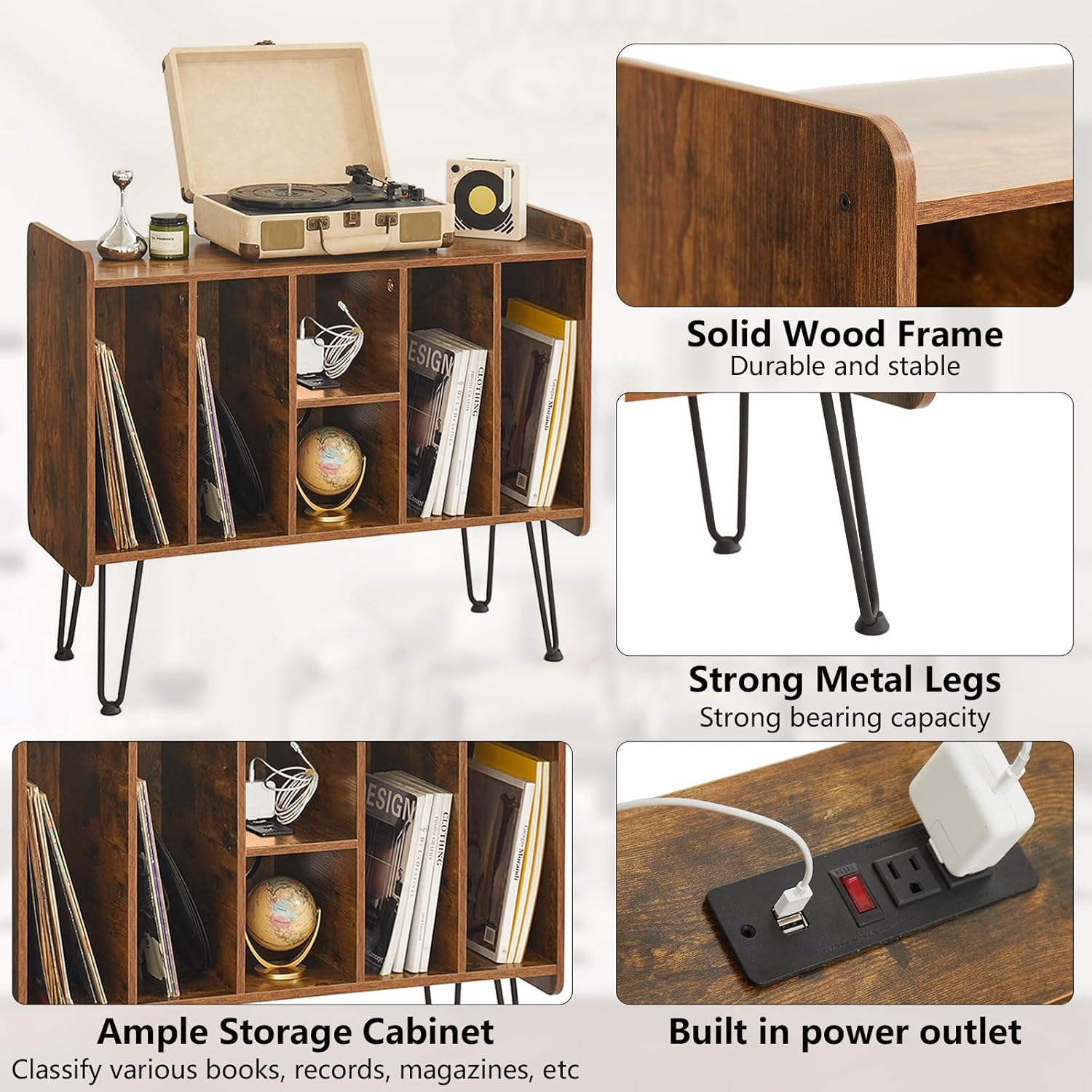 Large Record Player Stand with Vinyl Storage, USB & Power Ports, Holds Up to 200 Albums