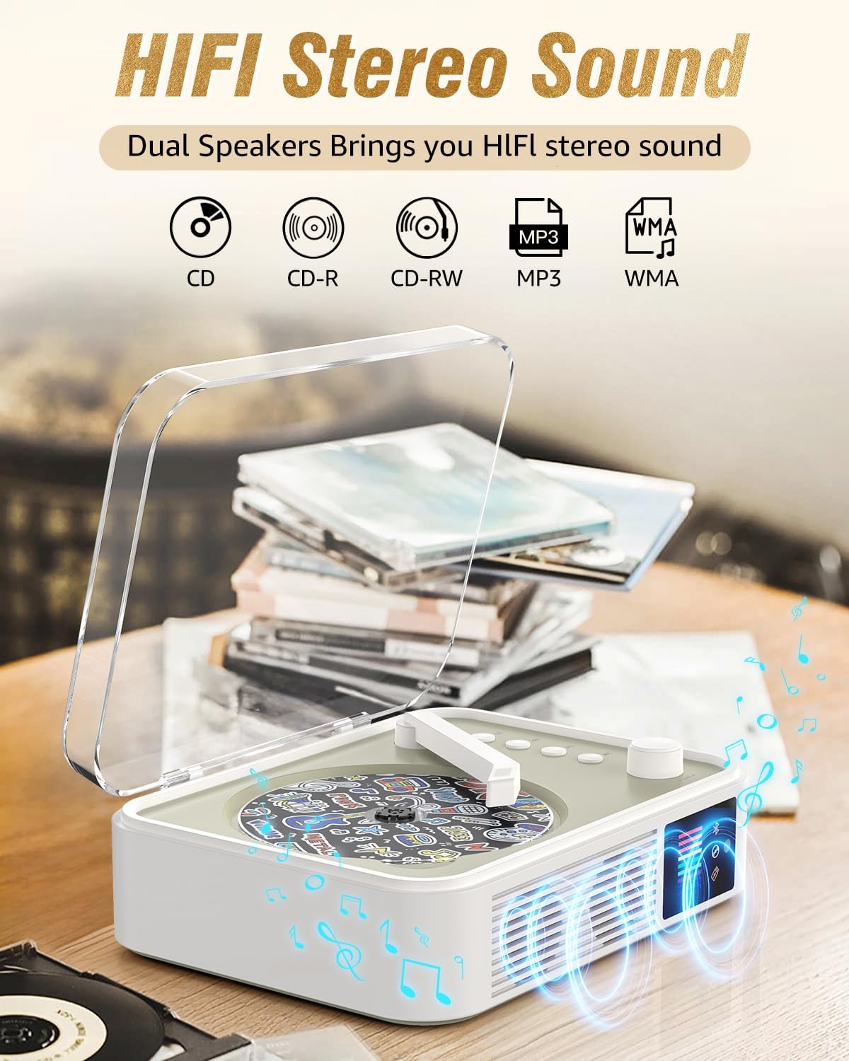 Portable Bluetooth CD Player – Desktop CD Player with Built-in Speakers, LED Spectrum Light, Rechargeable, USB & AUX