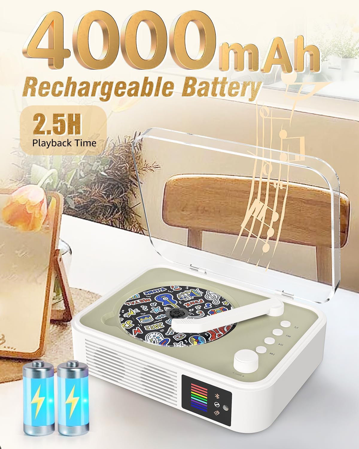 Portable Bluetooth CD Player – Desktop CD Player with Built-in Speakers, LED Spectrum Light, Rechargeable, USB & AUX