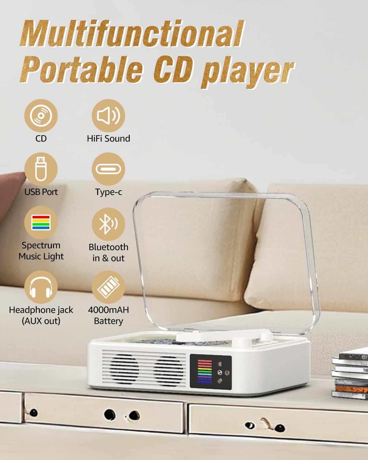 Portable Bluetooth CD Player – Desktop CD Player with Built-in Speakers, LED Spectrum Light, Rechargeable, USB & AUX