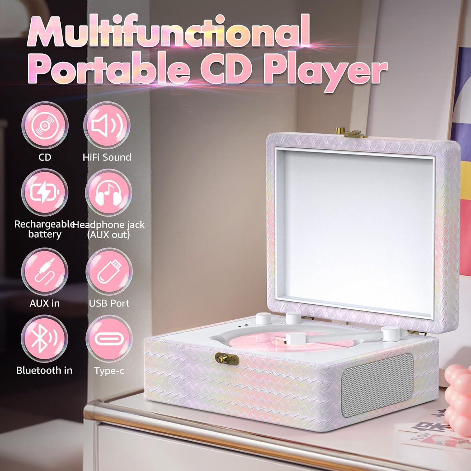 Portable Bluetooth CD Player – Desktop Vintage CD Player with Built-in Speakers, USB, AUX, Headphone Jack & Remote