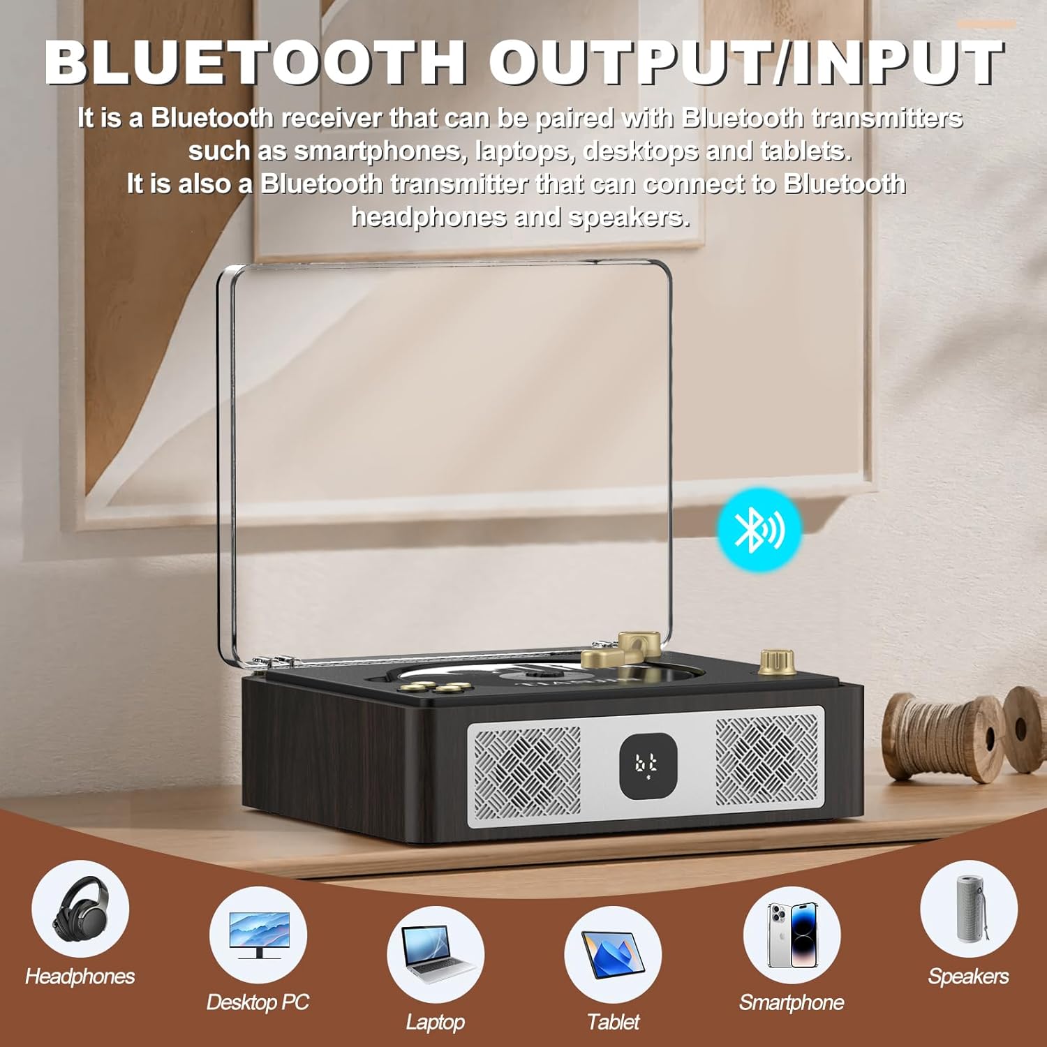 Portable CD Player with Bluetooth – Built-in Stereo Speakers, Rechargeable, Remote & AUX-in (Retro Design)