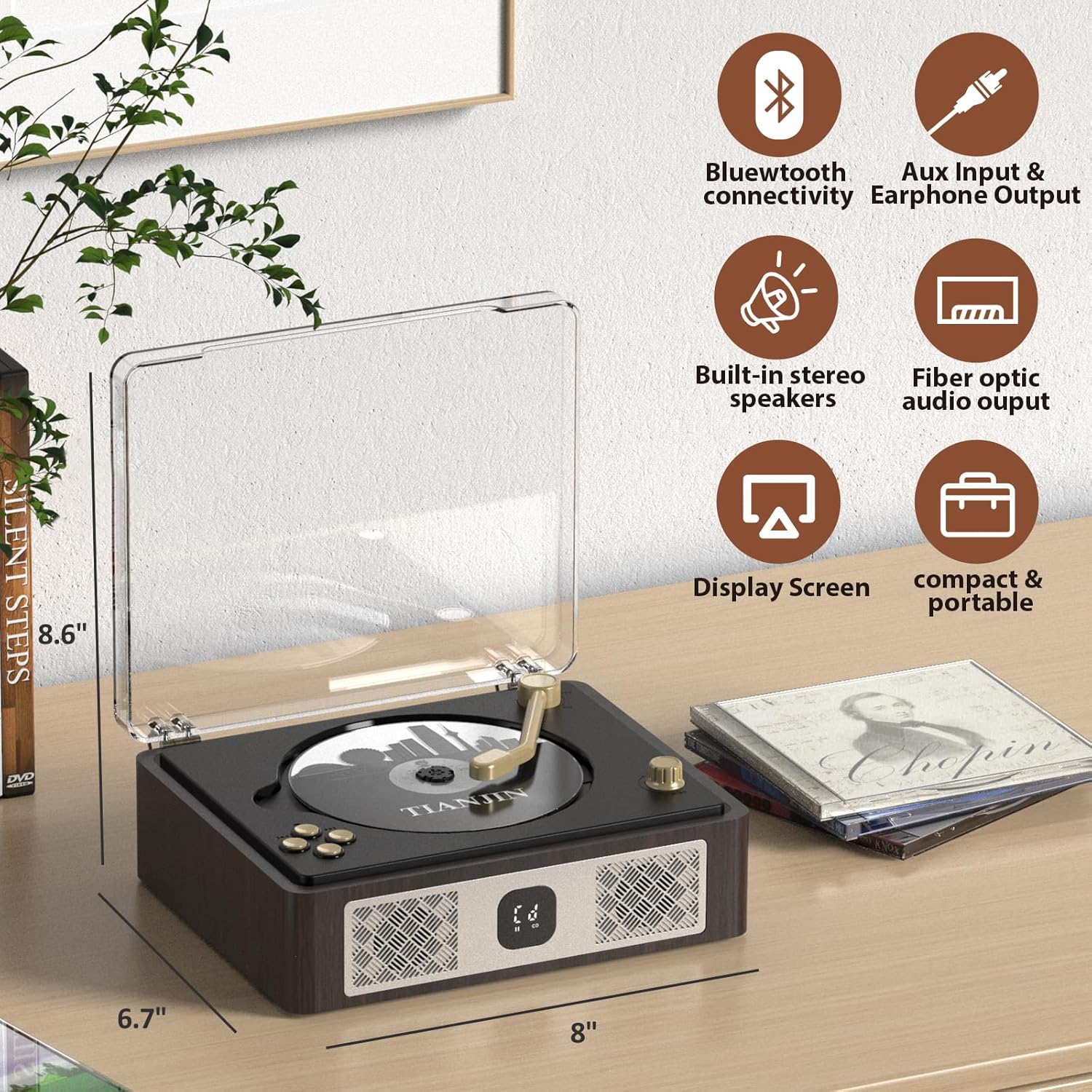 Portable CD Player with Bluetooth – Built-in Stereo Speakers, Rechargeable, Remote & AUX-in (Retro Design)