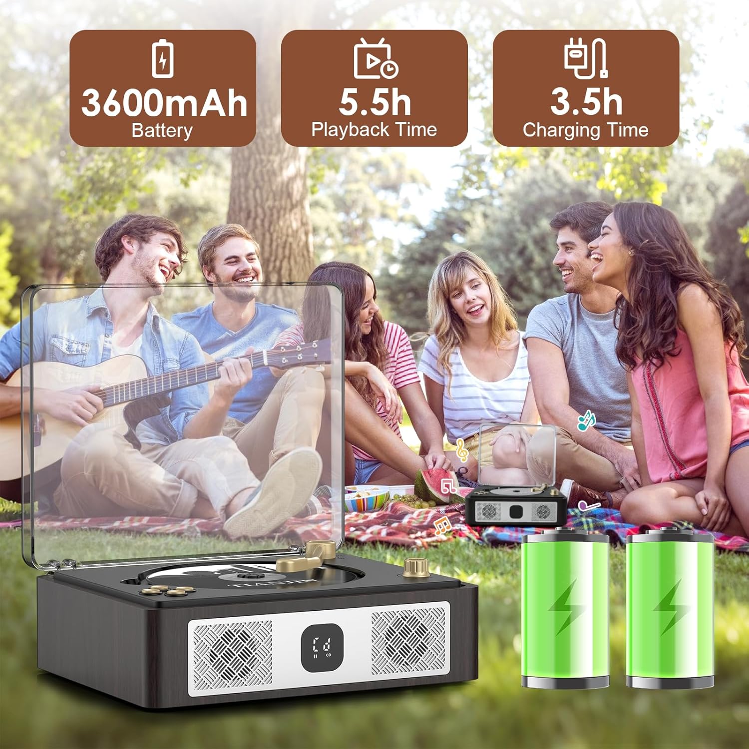 Portable CD Player with Bluetooth – Built-in Stereo Speakers, Rechargeable, Remote & AUX-in (Retro Design)