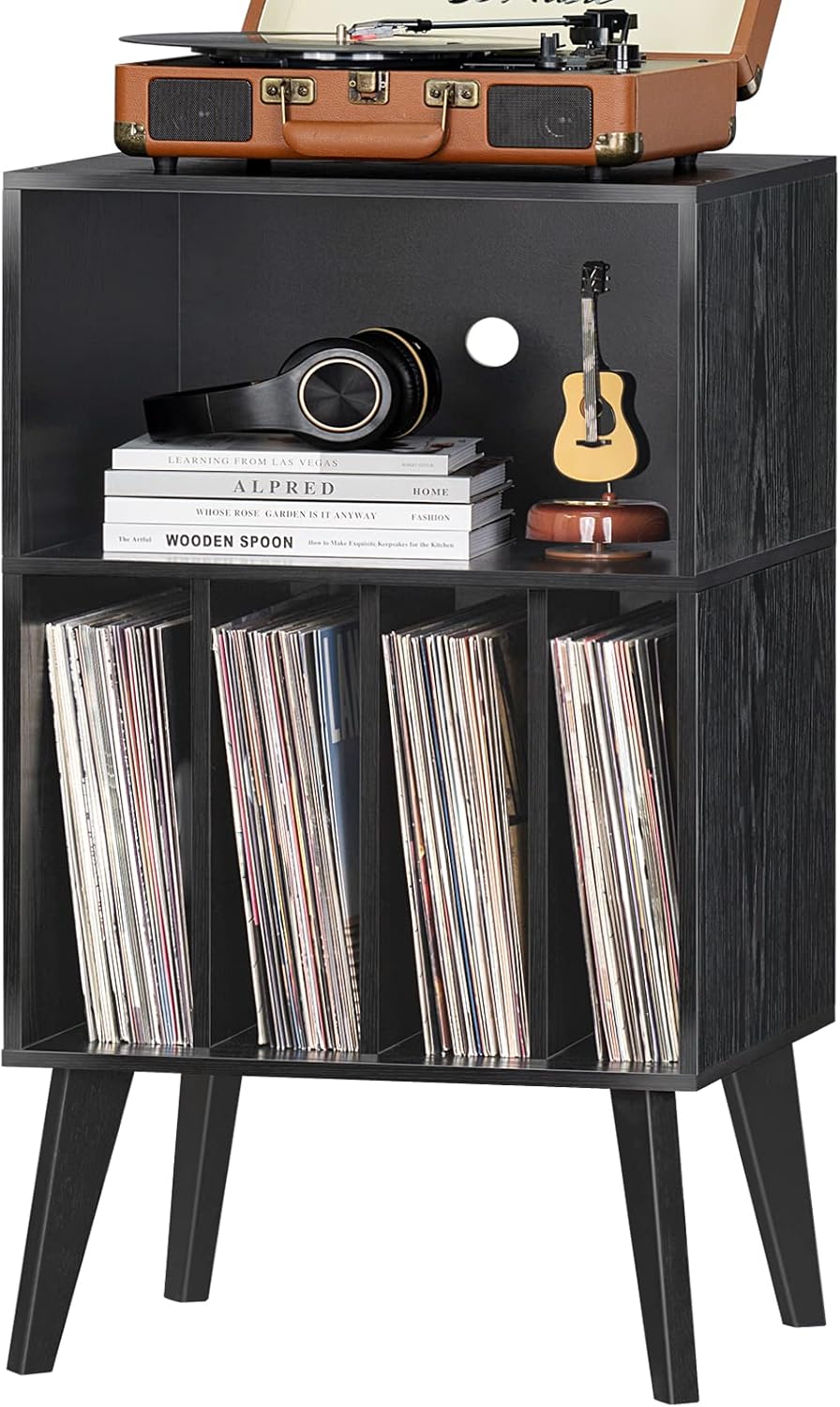 Record Player Stand with Vinyl Storage, Holds 160 Albums, Solid Wood Legs, Mid-Century Modern Design for Bedroom & Living Room
