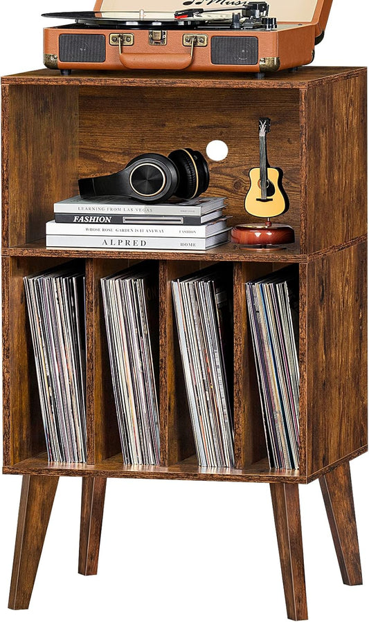 Record Player Stand with Vinyl Storage, Holds 160 Albums, Solid Wood Legs, Mid-Century Modern Design for Bedroom & Living Room