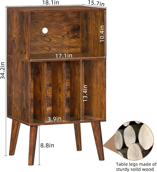 Record Player Stand with Vinyl Storage, Holds 160 Albums, Solid Wood Legs, Mid-Century Modern Design for Bedroom & Living Room