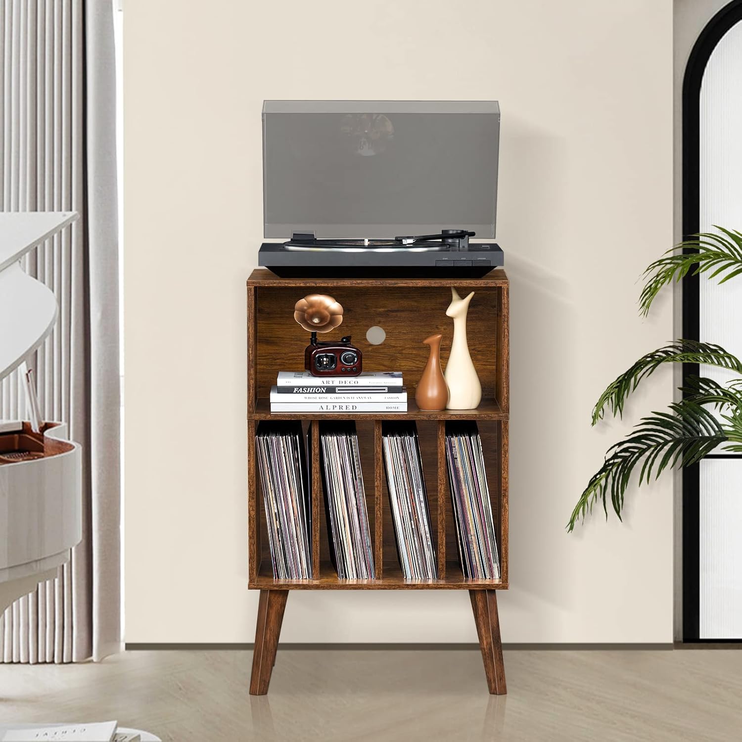 Record Player Stand with Vinyl Storage, Holds 160 Albums, Solid Wood Legs, Mid-Century Modern Design for Bedroom & Living Room