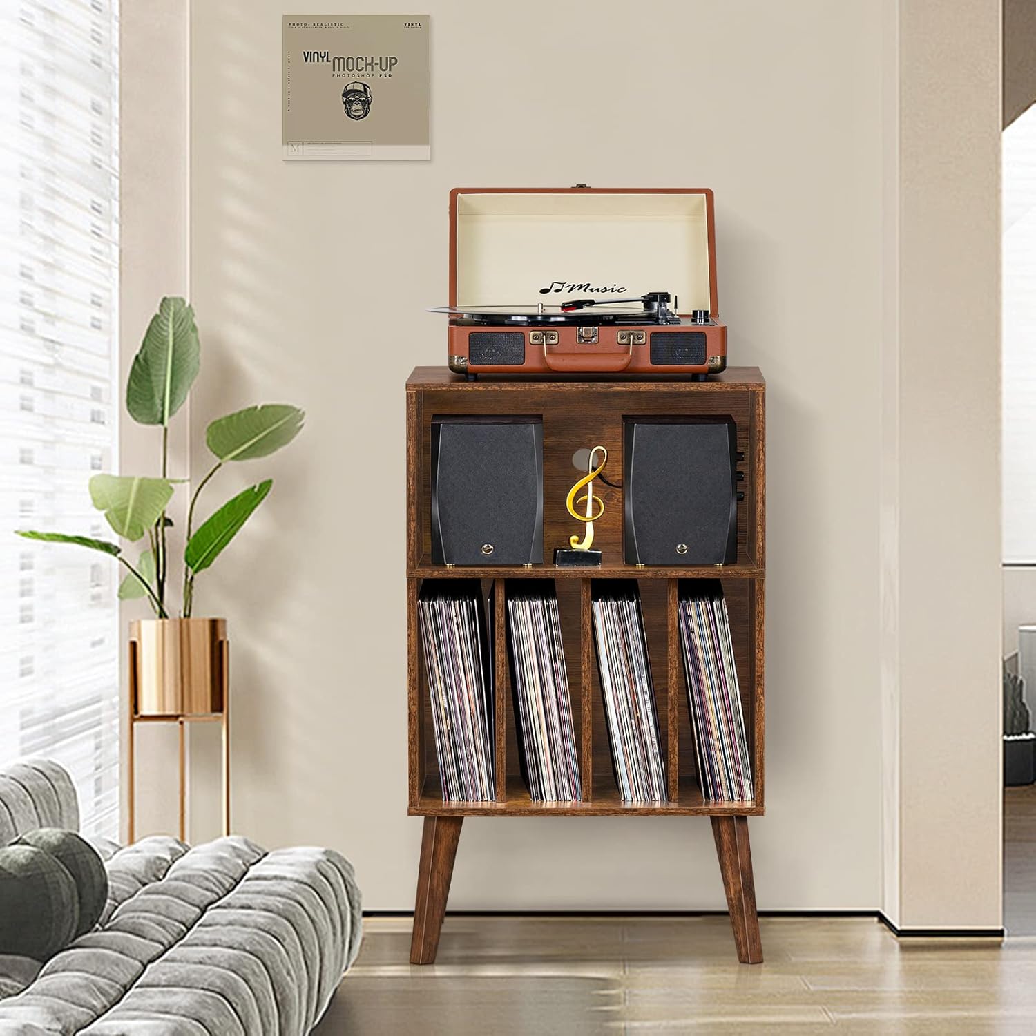 Record Player Stand with Vinyl Storage, Holds 160 Albums, Solid Wood Legs, Mid-Century Modern Design for Bedroom & Living Room