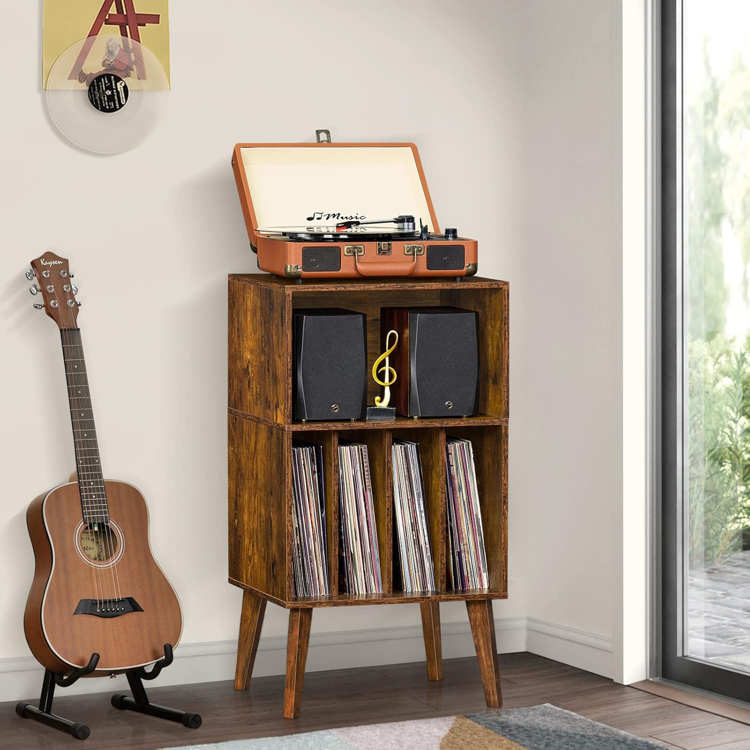 Record Player Stand with Vinyl Storage, Holds 160 Albums, Solid Wood Legs, Mid-Century Modern Design for Bedroom & Living Room