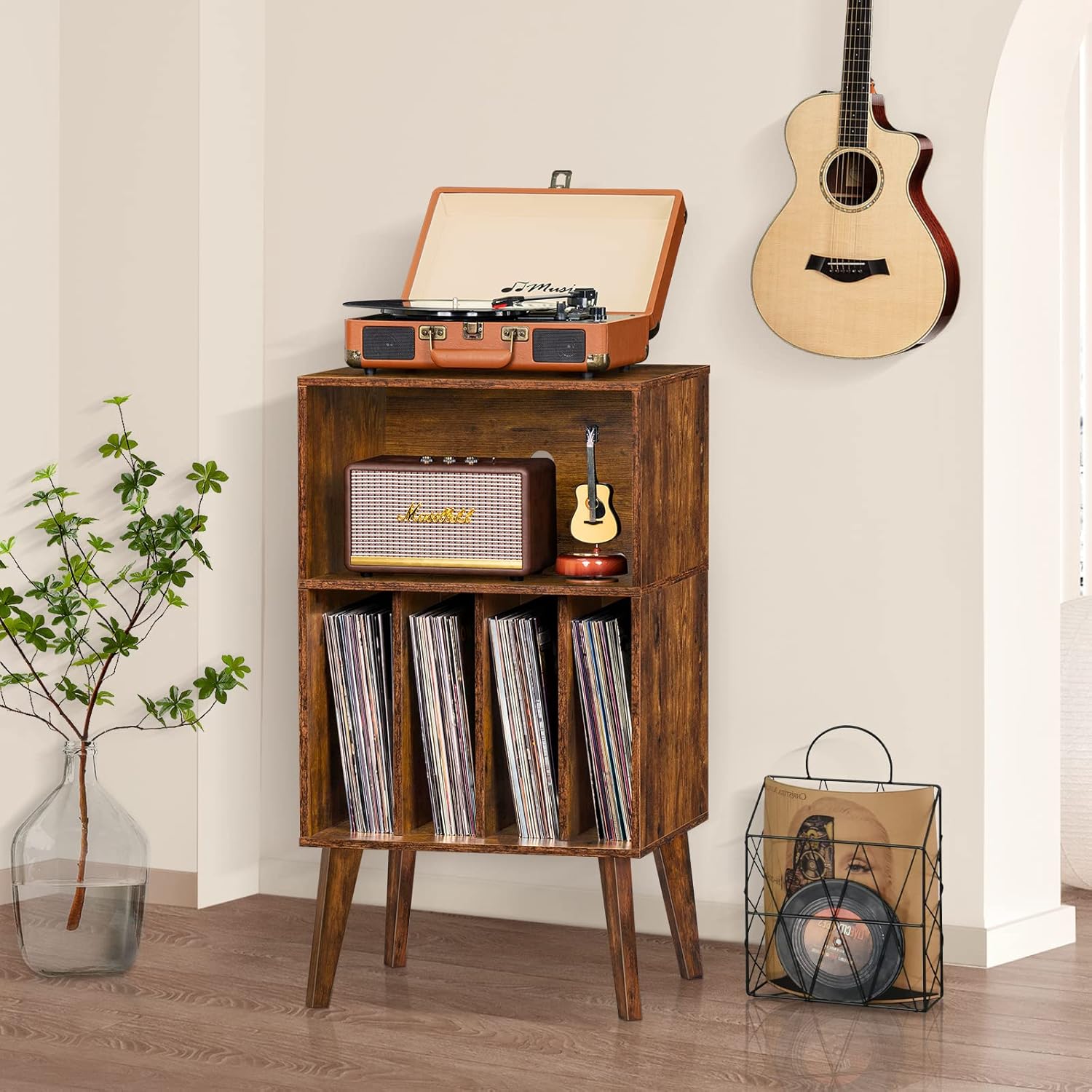 Record Player Stand with Vinyl Storage, Holds 160 Albums, Solid Wood Legs, Mid-Century Modern Design for Bedroom & Living Room