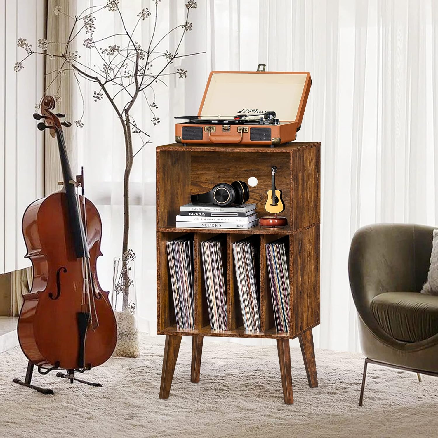 Record Player Stand with Vinyl Storage, Holds 160 Albums, Solid Wood Legs, Mid-Century Modern Design for Bedroom & Living Room
