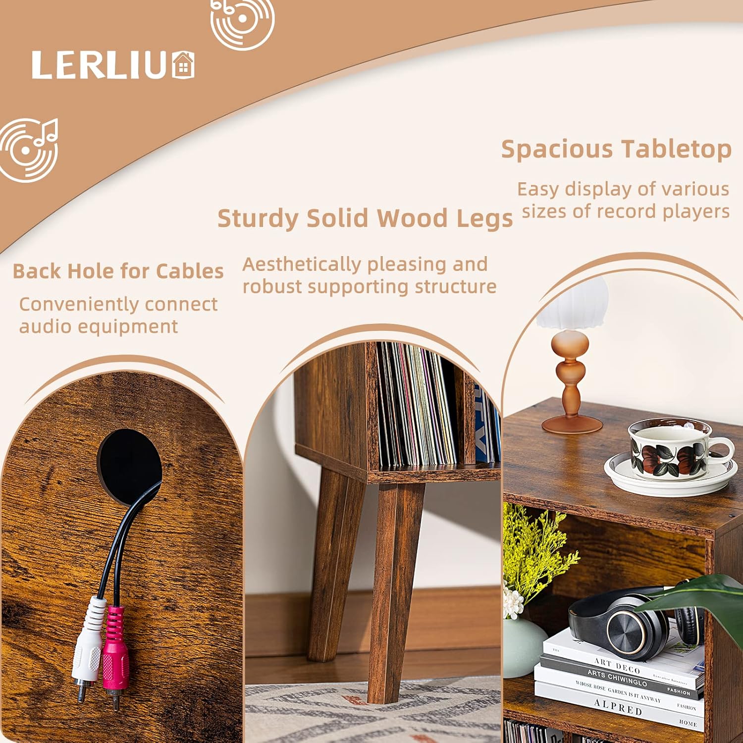 Record Player Stand with Vinyl Storage, Holds 160 Albums, Solid Wood Legs, Mid-Century Modern Design for Bedroom & Living Room